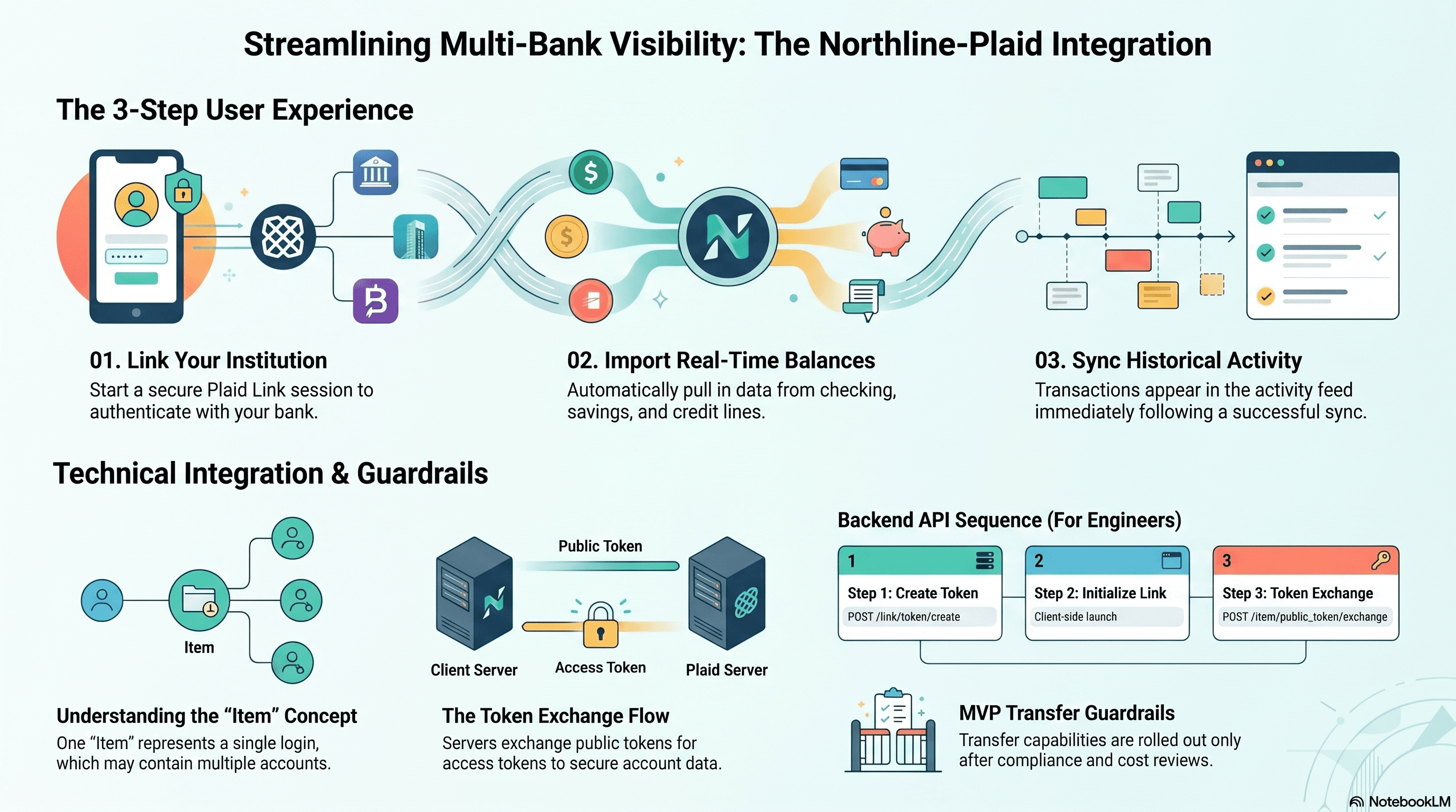 Northline and Plaid workflow showing institution linking, balance imports, transaction sync, and guardrails.